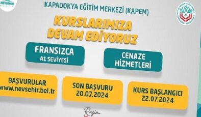 Nevşehir Belediyesi Kapadokya Eğitim Merkezi (KAPEM)’de açılacak olan Fransızca A1 ve Cenaze Hizmetleri kursları için kayıtlar başladı
